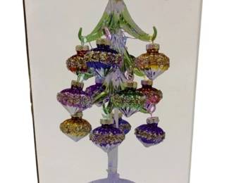 1057 - Handcrafted Glass LED Tree w/ 12 Ornaments in (Description): Box - 10" Tall Used as is electric/electronic/mechanical item. No guarantee all components, untested.