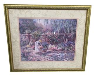 1342 - Her Garden by B. Mock Framed Print, signed (Description): 39 x 33.25