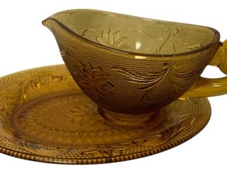 195 - Amber Glass Gravy Boat & Under Plate
