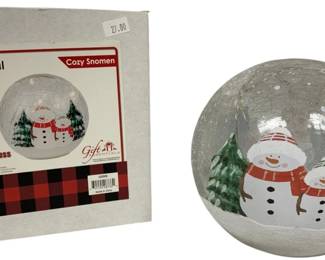 1084 - Cozy Snowmen LED Glass Globe in Box - 6" Round (Description): Used as is electric/electronic/mechanical item. No guarantee all components, untested.