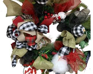905 - Handcrafted Lighted Gnome Themed Wreath (Description): 28 x 25 - lighted Used as is electric/electronic/mechanical item. No guarantee all components, untested.