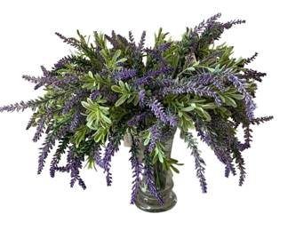 99 - Glass Vase w/ faux Lavender stems & others (Description): 15 x 20