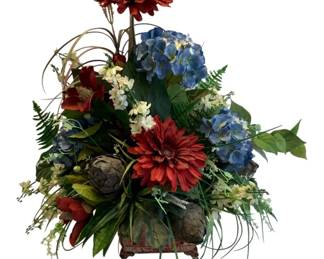 322 - Handcrafted Floral Arrangement in Metal Planter (Description): 34 x 30 x 20