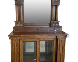 346 - Wood Hutch w/ Mirror & Sliding Glass Doors (Description): 89 x 48 x 22