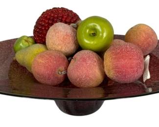 479 - Art Deco Red Glass Bowl w/ Artificial Fruit (Description): 7 x 19