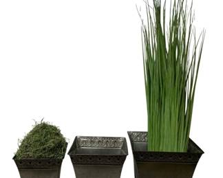 719 - 3 Metal Planters w/ Faux Grass - 7.5 x 9 x 9