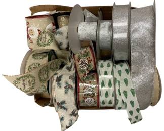 1223 - Box Lot of Assorted Silver & More Holiday Ribbon