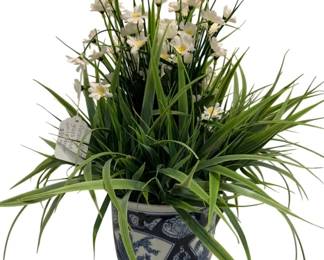792 - Faux Floral Arrangement in Blue/White Planter (Description): 19 x 17