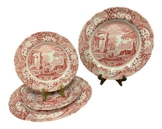 1406 - 4 Spode Cranberry Italian Transferware Plates (Description): 2 - Dinner Plates, 10.5 2 - Lunch Plates