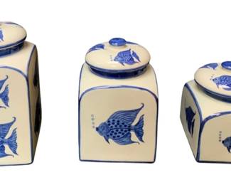 6 - Canister Set w/ Blue Fish Motif - 7.5 x 4 x 4