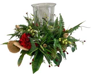 425 - Hurricane Candle Centerpiece w/Artificial Greenery (Description): 17.5 x 22 x 22