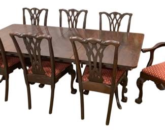 1427 - Mahogany Chippendale Style Table & 8 Chairs (Description): 2 Leaves, 8 Chairs 7 chairs are reupholstered but has original fabric underneath. 1 has not been reupholstered. Table - 42 x 89 x 29.5 Chairs - 40 x 19 x 15.5