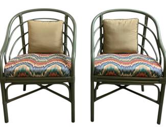 1500 - Pair of Curved Rattan Accent Chairs w/ cushions (Description): 34 x 23 x 18.5