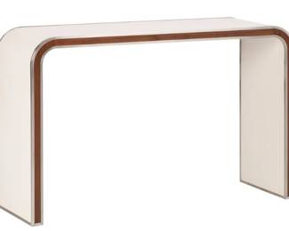 4171 - Chelsea House Arden Console, White (Description): 30 x 48 x 16, The Arden Console Table showcases bold modern style with its sleek waterfall silhouette and bright white leather finish. Trimmed in warm walnut and brushed nickel accents, it’s a striking piece that elevates any entryway or living space with sophisticated contrast and clean design.