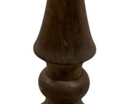 2417 - Wood Finial 17" Tall (Description): A decorative wood finial measuring 17 inches tall. Features a turned design with a pointed spire top, bulbous mid-section, and square base.