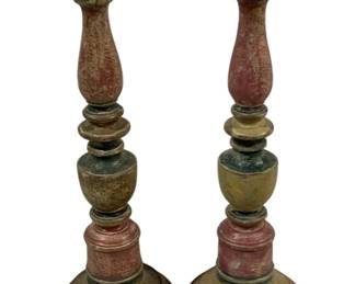 2408 - Pair Wood Candle Prickets 13.5" tall (Description): Pair of candleholders measuring 13.5 inches tall. These turned candleholders feature pricket-style tops for securing candles.