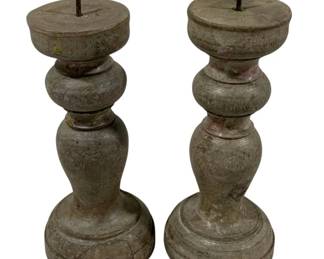 2427 - Pair Candle Prickets 7" Tall (Description): A 2-piece set of candleholders, each measuring 7 inches tall. The turned wooden candleholders feature pricket-style tops for securing candles.