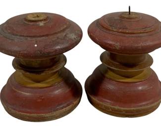 2414 - Pair Wood Candle Prickets 7" Tall (Description): A two-piece set of candleholders measuring 7 inches tall. These turned wooden candleholders feature a painted finish and traditional stacked form with wide bases.