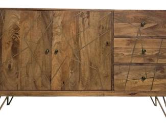 7040 - Stylecraft Console on Hairpin Legs (Description): Stylecraft console featuring a contemporary design with wood construction and metal hairpin legs. The piece includes two cabinet doors and three drawers with round knob hardware. Measures 35.5 inches high by 56 inches wide by 16 inches deep.