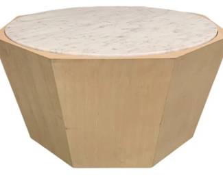 4220 - Wildwood Laurence Coffee Table Inverted (Description): 18 x 32 x 32, A thoughtfully elevated insert of honed Carrera marble rests perfectly atop a sculptural base of rift-cut white oak. The faceted body gives a sense of grounded luxury.