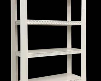 4163 - Chelsea House Treillage Etagere (Description): 96 x 40 x 18, The Treillage Étagère is a refined statement piece that blends architectural elegance with classic decorative detailing. Crafted from a wood frame and finished in a soft castle white, this open shelving unit brings lightness and structure to any space.Subtle trellis-inspired carving accents each shelf, introducing texture and visual rhythm while nodding to traditional garden latticework.