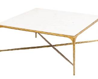 7001 - Elk Home Seville Forged Coffee Table (Description): iron frame with antique brass finish, criss cross support and marble top