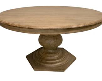 4231 - Nico Carved Pedestal Dining Table (Description): Retail $3150, few scratches, 31 x 59, Crafted from reclaimed pine wood, the Nico Carved Pedestal Dining Table has rustic elegance and timeless appeal. A carved pedestal base with a unique globe-like center supports the round tabletop, finished in a beautiful antique wash that brings out the natural grain and texture of the reclaimed wood.