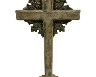 2403 - Wood Cross 21"x10"x4" (Description): A decorative wood cross featuring ornate carved details at the intersection of the arms. The cross stands on a stepped pedestal base with a weathered, distressed finish throughout. Measures 21 inches tall by 10 inches wide by 4 inches deep.