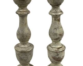 2405 - Pair Wood Candle Prickets 11" Tall (Description): A 2-piece set of candleholders featuring turned baluster forms on square bases with a weathered painted finish. The candleholders measure 11 inches tall.