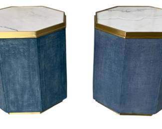 4177 - Pair Chelsea House Bunching Tables (Description): Retail $2988 each, Fabulous Octagonal Cocktail Tables Wrapped In Blue Grass Cloth And Banded With Antique Brass. This Table Works Alone Or Bundled Together In A Variety Of Shapes. By Designer Bradshaw Orrell. Marble top, 20 x 18 x 18