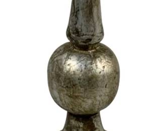2418 - Wood Finial 18.5" Tall (Description): A decorative wood finial featuring a pointed spire atop a spherical ball, set on a tiered base with a square foot. Measures 18.5 inches tall.