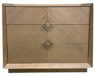 4272 - Caracole 3 Drawer A Natural Nightstand (Description): 28 x 35 x 18, accentuated by perfectly matched directional wood grain veneers that create a one-of-a-kind chevron pattern. An easygoing shade of Ash Driftwood highlights the stunning wood grains featured along its exterior while a Silver Driftwood finish brings out the beauty of the woodgrain pattern on top. A metal bead in Sundance Gold outlines the top and adds another touch of reflectivity while geometric drawer pulls and