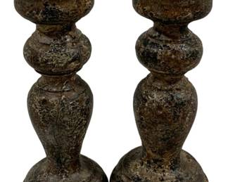 2390 - Pair Wood Candleholders 7" Tall (Description): A 2-piece set of candleholders featuring a turned baluster form with pricket tops for securing candles. Each candleholder measures 7 inches tall and displays a beautifully weathered, aged patina throughout.
