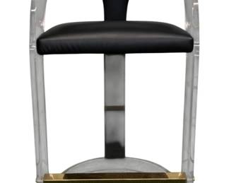 4219 - Wildwood After Midnight Acrylic Bar Stool (Description): Make a bold statement in your contemporary home or office with after midnight bar stool. It features a clear acrylic frame with a curved shape and polished brass footrest. The soft, black faux leather adds comfort to the design and blends with any existing decor. 38 x 20 x 20, 27" seat height