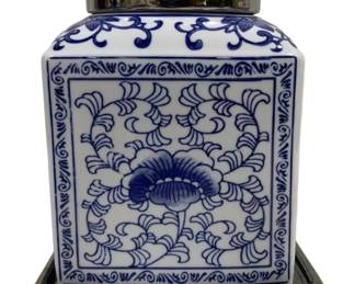 8575 - Three Hands Oriental Jar w/ Lid & Pedestal (Description): 5.5 x 5.5 x 8