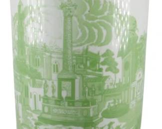 112 - Large Green and White Umbrella Vase 17"x8" (Description): Large green and white cylindrical vase featuring transferware-style scenic decoration. The vase displays classical European architectural scenes with figures, horses, and a central monument column, surrounded by decorative borders with medallions and floral motifs at the rim. Measures 17 inches tall by 8 inches in diameter.