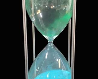 8571 - Three Hands Bamboo Glass Turquoise Glitter Timer (Description): 7 x 7 x 17.50