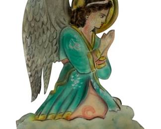 2392 - Angel w/ Wood Base 16"x20"x5" (Description): Metal angel figure mounted on a wood base. The hand-painted decorative piece depicts a kneeling angel in prayer. Measures 16 inches by 20 inches by 5 inches.