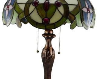 186 - Tiffany Style Stained Glass Table Lamp 24" (Description): Stained glass table lamp in the Tiffany style featuring a dome shade with floral and geometric motifs in shades of green, blue, cream, pink, and deep red. The shade displays leaded glass panels with jewel-tone cabochon accents. The lamp rests on a cast metal base with a bronze-toned finish in an Art Nouveau style with flowing organic lines. Features dual pull chain switches. Electric/electronic/mechanical item - No