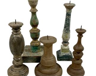 2424 - 5 Candle Prickets 6.5" - 12" Tall (Description): A five-piece lot of candleholders in varying styles and finishes. The collection includes turned wooden examples with weathered painted surfaces and pricket-style spikes for securing candles. Heights range from 6.5 inches to 12 inches tall.