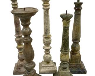 2425 - 5 Candle Prickets 11.5" - 16" Tall (Description): A five-piece lot of candleholders in varying styles and sizes. The collection features turned baluster forms with pricket-style candle holders, each rising from square or round bases. Heights range from 11.5 inches to 16 inches tall.