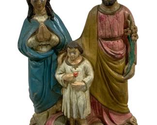 2400 - Religious Statue 12.75" tall (Description): A religious statue measuring 12.75 inches tall. The piece depicts a devotional scene with polychrome painted finish.