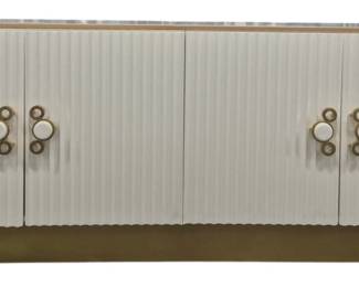 7017 - Alden Home 4 Door Sideboard (Description): white lacquer with gold accents, 2 shelves still wrapped