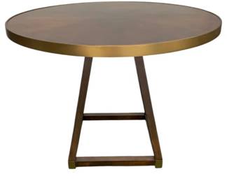 4204 - Wildwood Renzo Center Table (Description): 31 x 40, Crafted of wood with antique brass detailing, Renzo Center Table makes a stunning statement in a foyer or breakfast room. The warm undertones and sleek modern design complement a variety of design styles.