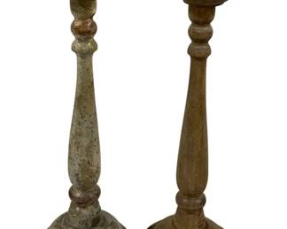 2411 - Pair Wood Candle Prickets 12" Tall (Description): A pair of candleholders with turned design and pricket-style tops for securing candles. Each measures 12 inches tall.