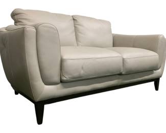 4290 - Kathy Kuo Home Grey Leather Loveseat (Description): 36 x 69 x 38, seam separation at base on side and back