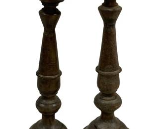2410 - Pair Wood Candle Prickets 13" Tall (Description): A pair of candleholders measuring 13 inches tall. These turned wood pricket-style candleholders feature baluster-form columns on circular bases with metal spike tops for securing candles.
