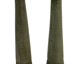 2396 - Pair Wood Candleholders 13.25" Tall (Description): A 2-piece set of candleholders measuring 13.25 inches tall. These turned wood candleholders feature pricket-style tops and square bases with a distressed painted finish.