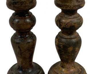 2409 - Pair Wood Candle Prickets 7" tall (Description): A pair of turned wood candleholders with pricket-style metal spikes for securing candles. Each piece features a baluster form with a rounded base. The candleholders measure 7 inches tall.