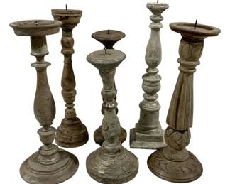 2426 - 6 Candle Prickets 12" - 16" Tall (Description): A collection of six candleholders in various turned designs. The pieces measure 12 to 16 inches tall.